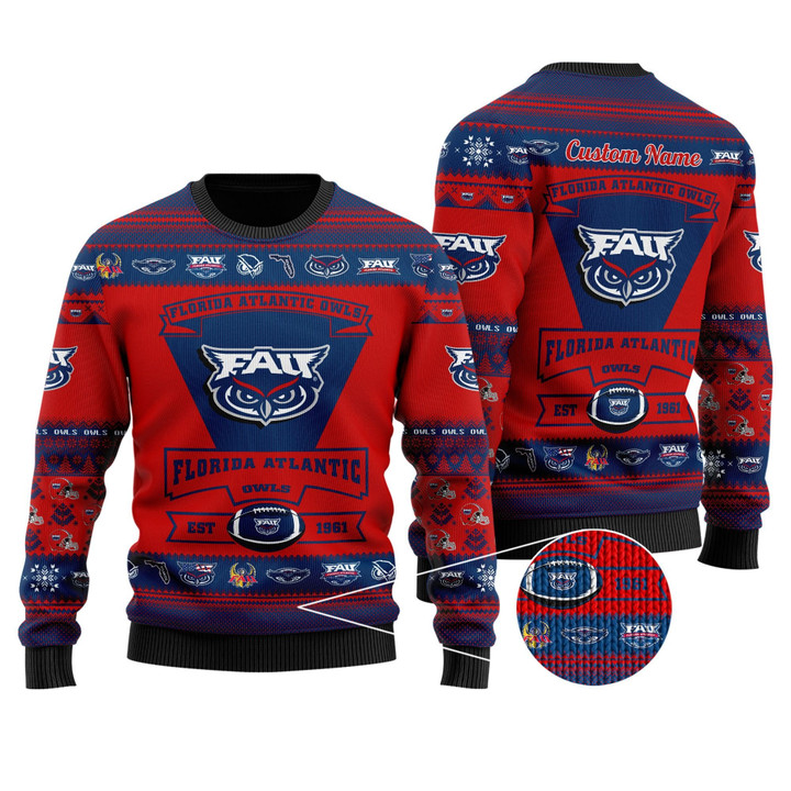 Florida Atlantic Owls Football Team Logo Personalized Ugly Christmas Sweater