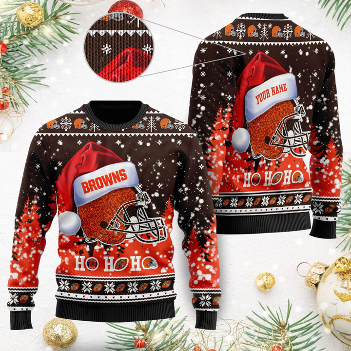 Cleveland Browns Symbol Wearing Santa Claus Hat Ho Ho Ho Custom Personalized Ugly Christmas Sweater