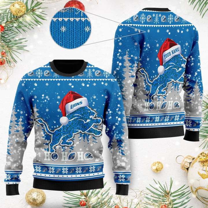 Detroit Lions Symbol Wearing Santa Claus Hat Ho Ho Ho Custom Personalized Ugly Christmas Sweater