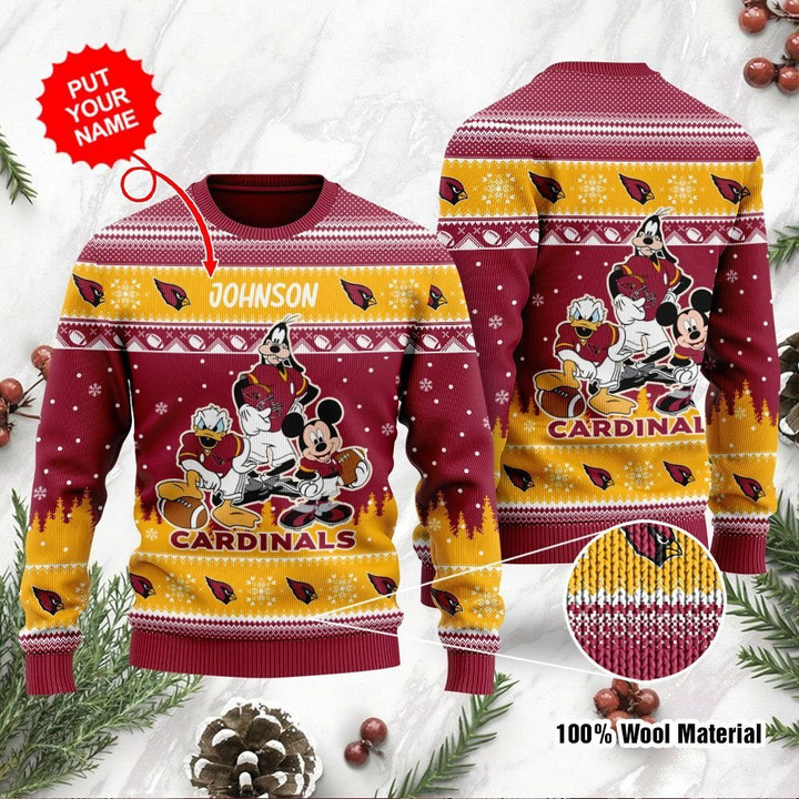 Arizona Cardinals Disney Donald Duck Mickey Mouse Goofy Personalized Ugly Christmas Sweater