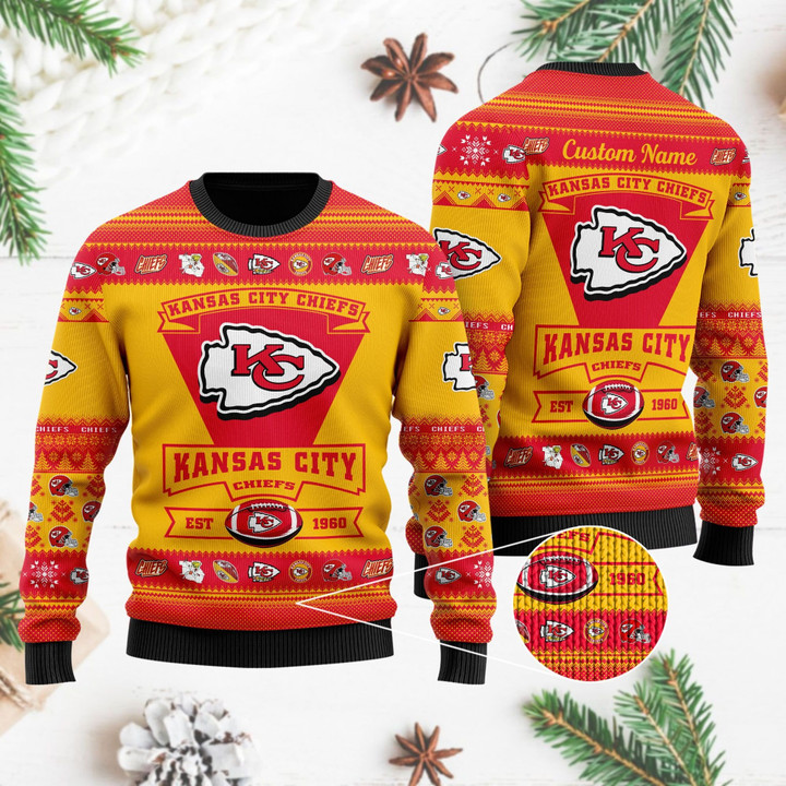Kansas City Chiefs Football Team Logo Custom Name Personalized Ugly Christmas Sweater
