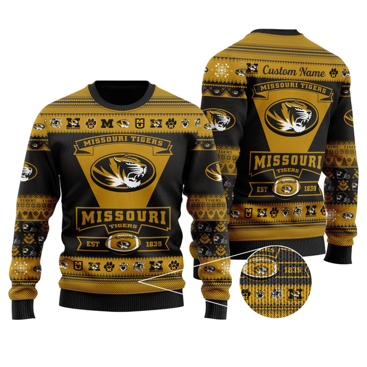 Missouri Tigers Football Team Logo Custom Name Personalized Ugly Christmas Sweater