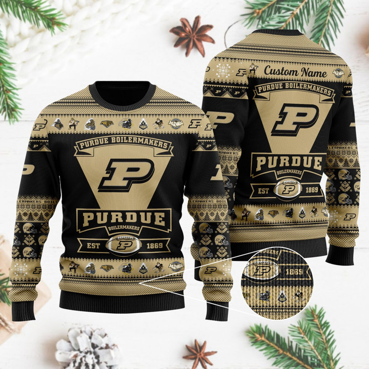 Purdue Boilermakers Football Team Logo Custom Name Personalized Ugly Christmas Sweater