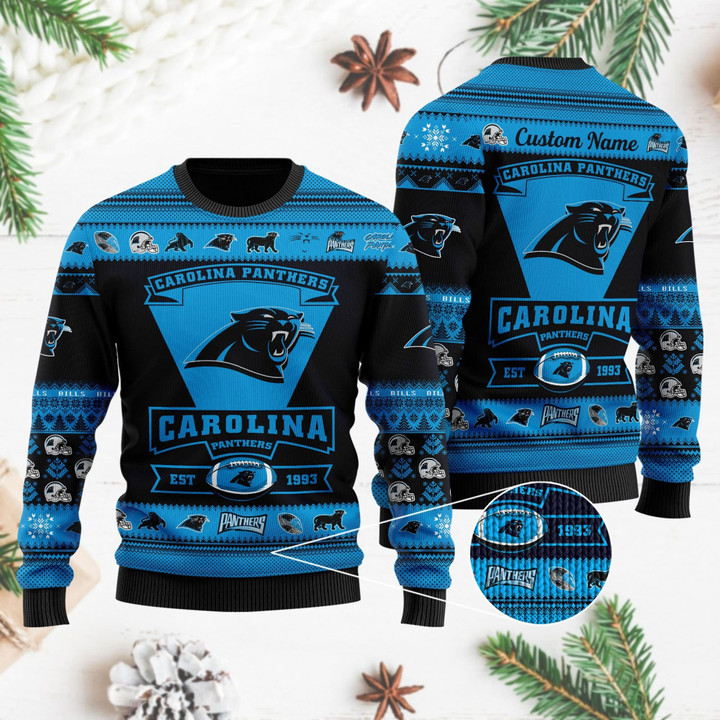 Carolina Panthers Football Team Logo Custom Name Personalized Ugly Christmas Sweater