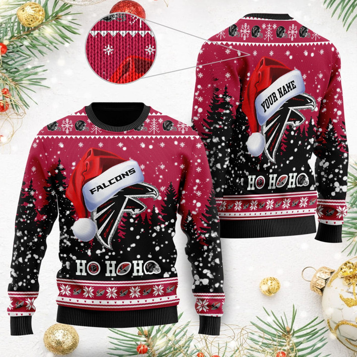 Atlanta Falcons Symbol Wearing Santa Claus Hat Ho Ho Ho Custom Personalized Ugly Christmas Sweater