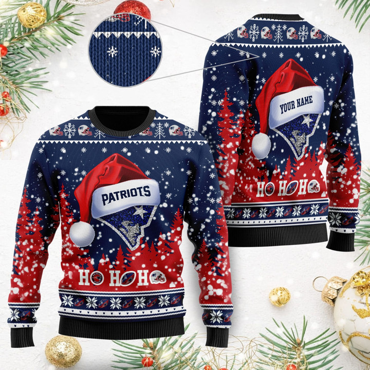 New England Patriots Symbol Wearing Santa Claus Hat Ho Ho Ho Personalized Ugly Christmas Sweater