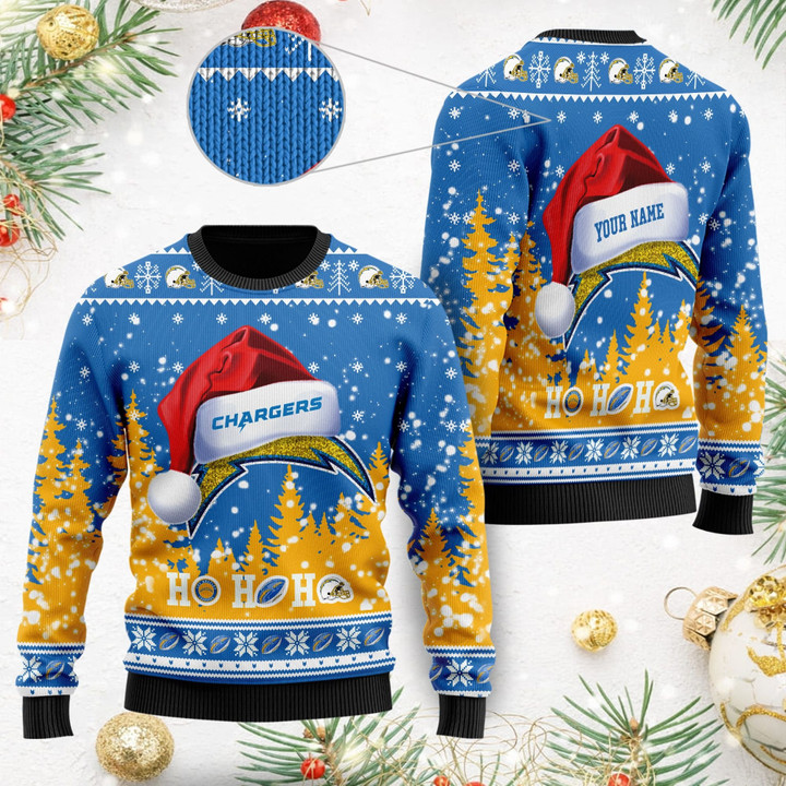 Los Angeles Chargers Symbol Wearing Santa Claus Hat Ho Ho Ho Personalized Ugly Christmas Sweater