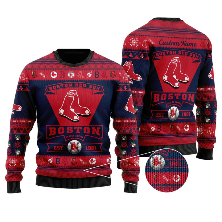 Boston Red Sox Football Team Logo Custom Name Personalized Ugly Christmas Sweater