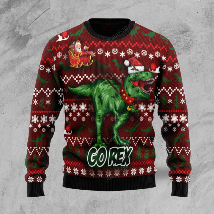 Go Rex Santa Sleigh Dinasour Ugly Christmas Sweater, Perfect Holiday Gift