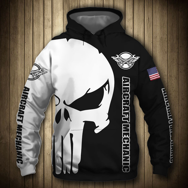 Pemagear Aircraft Mechanic Punisher Skull US Flag Black White 3D All Over Print Hoodie, Zip-Up Hoodie