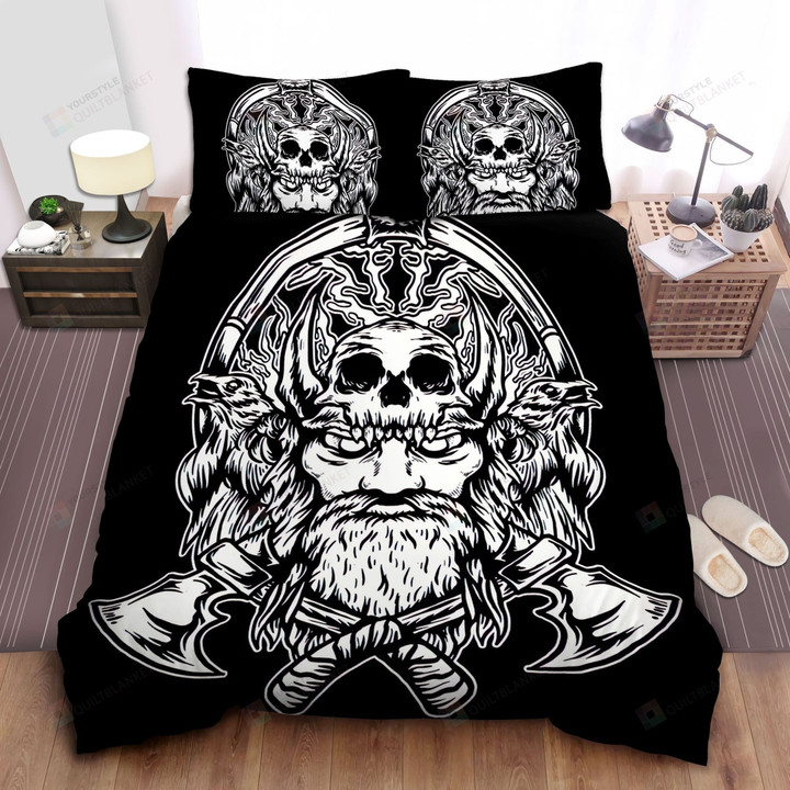 Ancient Viking Head With Axes And Skull Design On Black Bed Sheets Spread Comforter Duvet Cover Bedding Sets