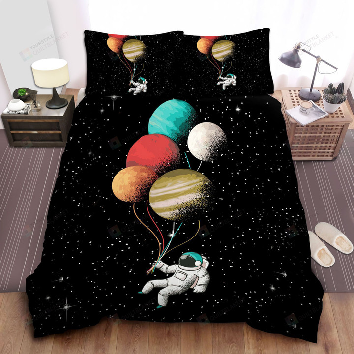 Astronaut Floating With Planet Balloons Illustration Bed Sheets Spread Comforter Duvet Cover Bedding Sets
