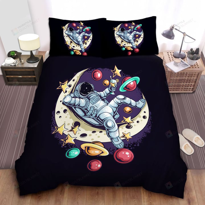 Astronaut Relaxing On The Moon Illustration Bed Sheets Spread Comforter Duvet Cover Bedding Sets