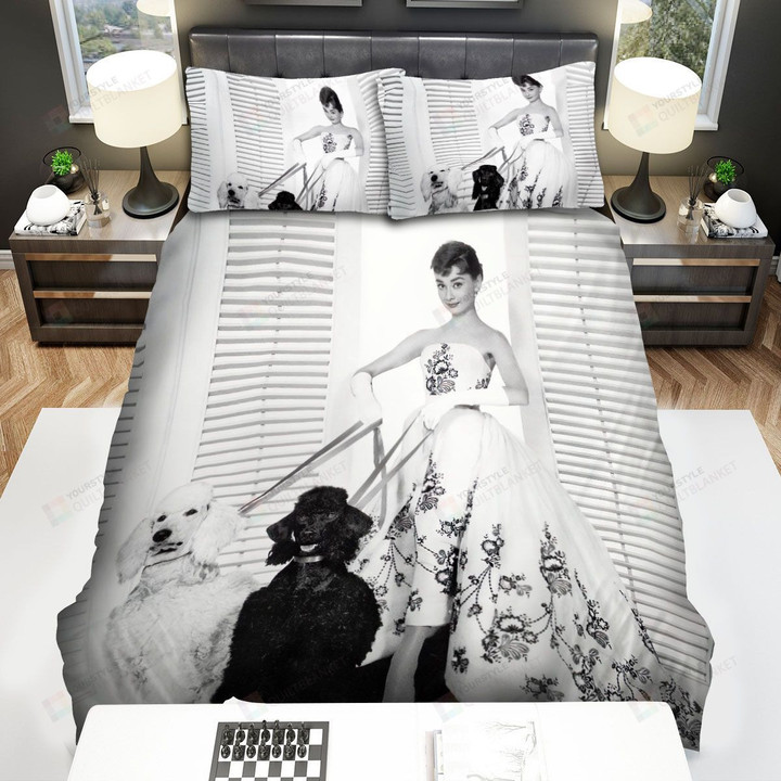 Audrey Hepburn Walking The Black & White Dogs Bed Sheets Spread Comforter Duvet Cover Bedding Sets