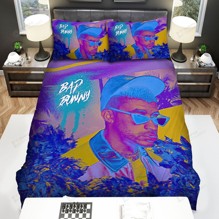 Bad Bunny Portrait In Funky Colours Bed Sheets Spread Comforter Duvet Cover Bedding Sets