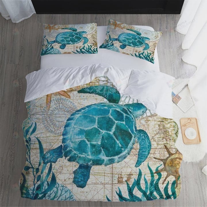 Ancient Green Sea Turtle Cotton Bed Sheets Spread Comforter Duvet Cover Bedding Sets