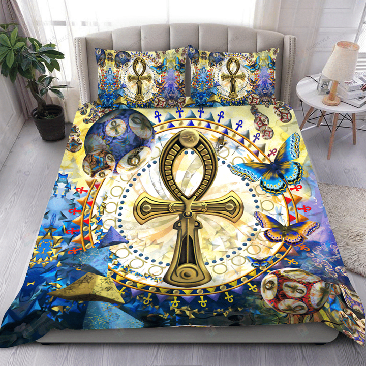 Ancient Egypt Key Of Life And Blue Butterflies Cotton Bed Sheets Spread Comforter Duvet Cover Bedding Sets