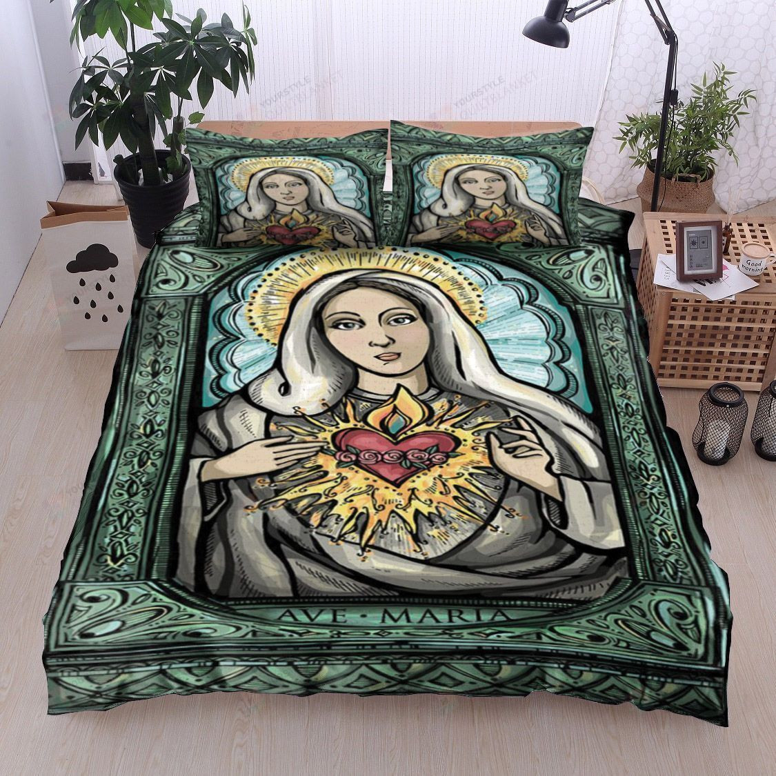 3D Mother Maria Fire Heart Cotton Bed Sheets Spread Comforter Duvet Cover Bedding Sets