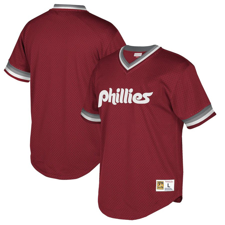 Philadelphia Phillies Mitchell And Ness Big And Tall Cooperstown Collection Mesh Wordmark V-Neck Jersey - Maroon