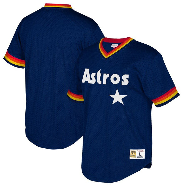 Houston Astros Mitchell And Ness Big And Tall Cooperstown Collection Mesh Wordmark V-Neck Jersey - Navy
