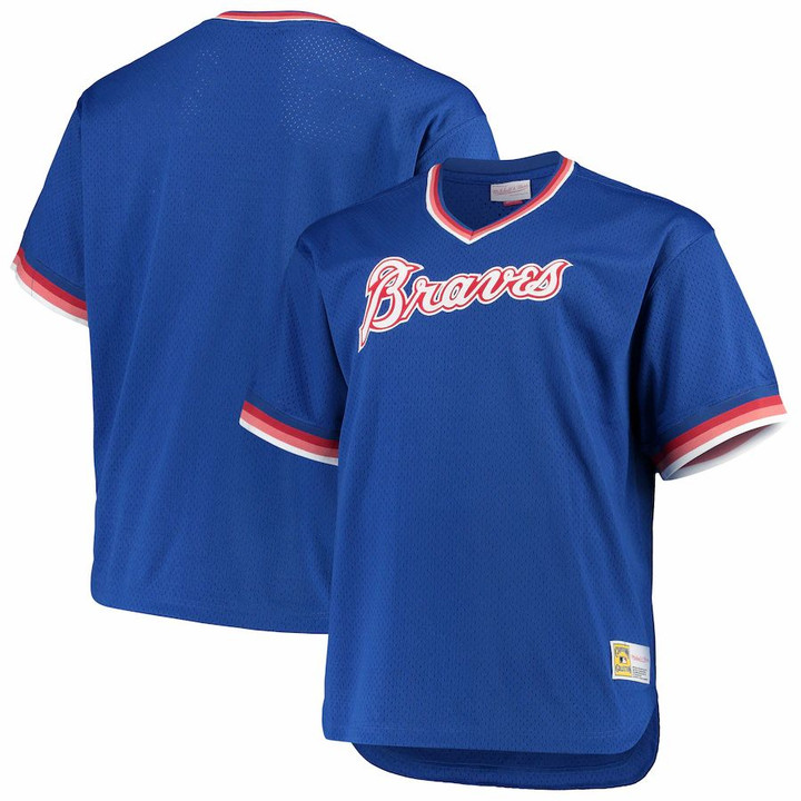 Atlanta Braves Mitchell And Ness Big And Tall Cooperstown Collection Mesh Wordmark V-Neck Jersey - Royal