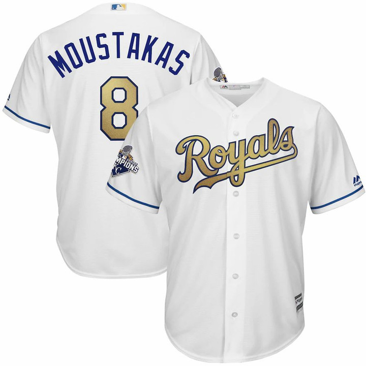 Mike Moustakas Kansas City Royals Majestic 2015 World Series Champions Gold Program Cool Base Player Jersey - White