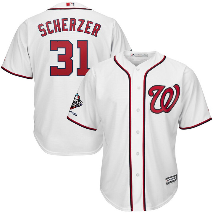 Max Scherzer Washington Nationals Majestic 2019 World Series Champions Home Official Cool Base Bar Patch Player Jersey - White