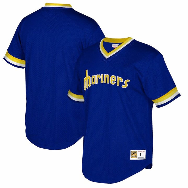 Seattle Mariners Mitchell And Ness Big And Tall Cooperstown Collection Mesh Wordmark V-Neck Jersey - Royal