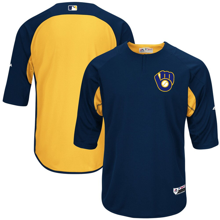 Milwaukee Brewers Majestic Collection On-Field 3/4-Sleeve Batting Practice Jersey - Navy/Yellow