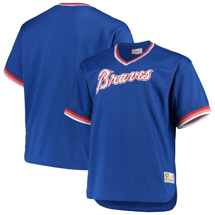 Atlanta Braves Mitchell & Ness Big & Tall Cooperstown Collection Mesh Wordmark V-Neck Jersey - Royal