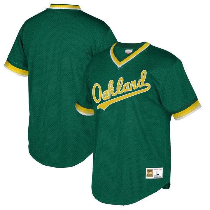 Oakland Athletics Mitchell & Ness Cooperstown Collection Mesh Wordmark V-Neck Jersey - Green