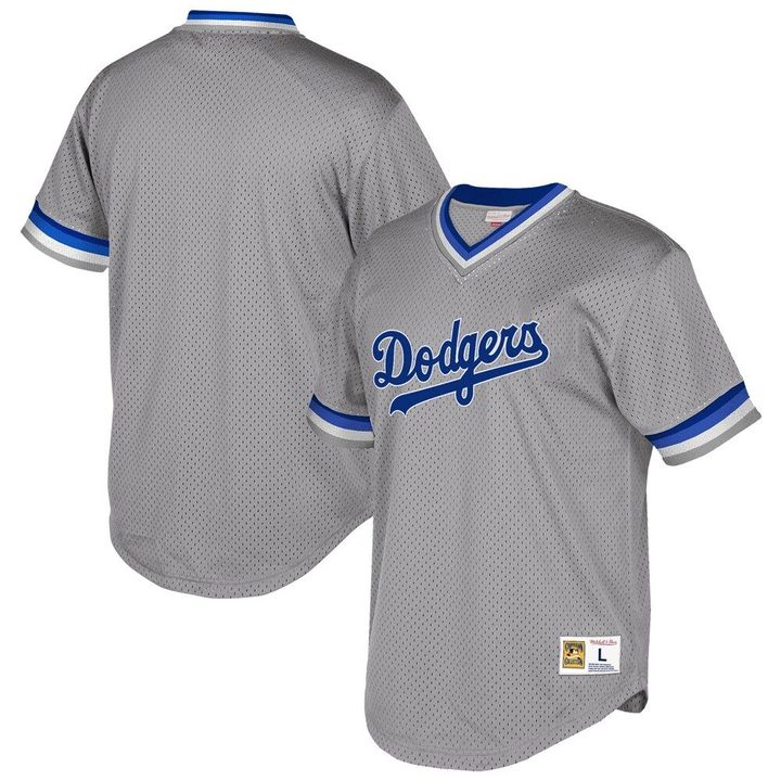 Los Angeles Dodgers Mitchell & Ness Cooperstown Collection Mesh Wordmark V-Neck Jersey - Gray