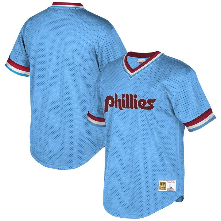 Philadelphia Phillies Mitchell & Ness Cooperstown Collection Mesh Wordmark V-Neck Jersey - Light Blue
