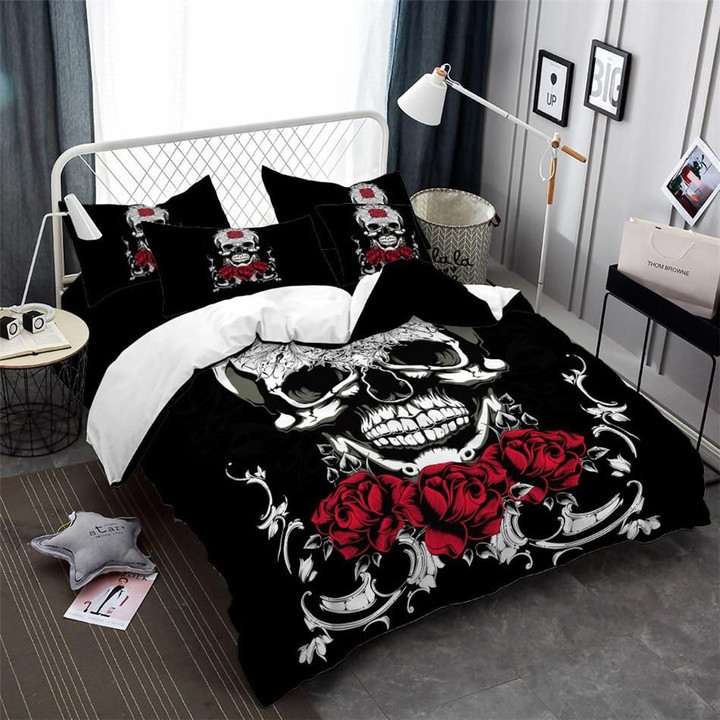 Skull With Rose Quilt Bedding Set