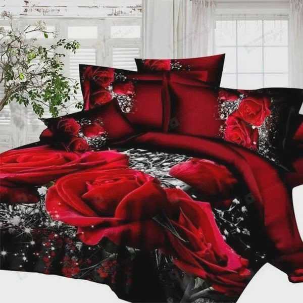 3D Oil Painting Red Rose Scenical Cotton Bed Sheets Spread Comforter Duvet Cover Bedding Setsr