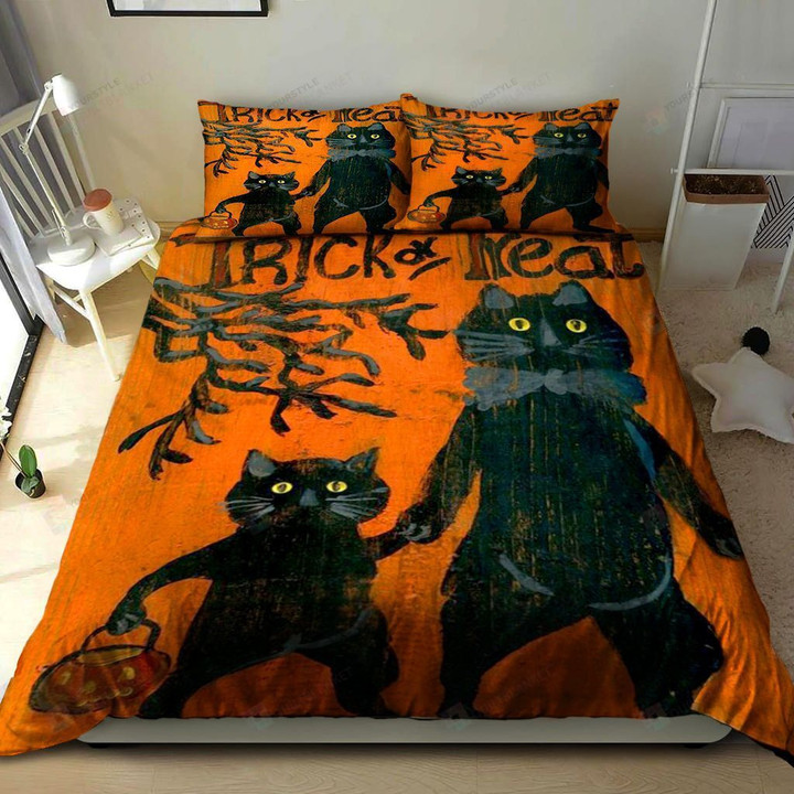3D Black Cat Halloween Trick Or Treat Cotton Bed Sheets Spread Comforter Duvet Cover Bedding Sets