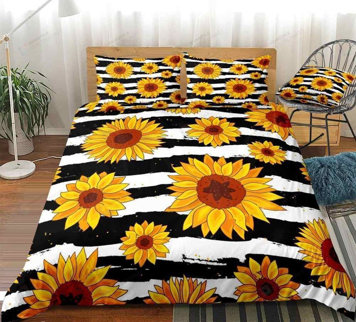 3D Sunflower Stripped Pattern Cotton Bed Sheets Spread Comforter Duvet Cover Bedding Sets