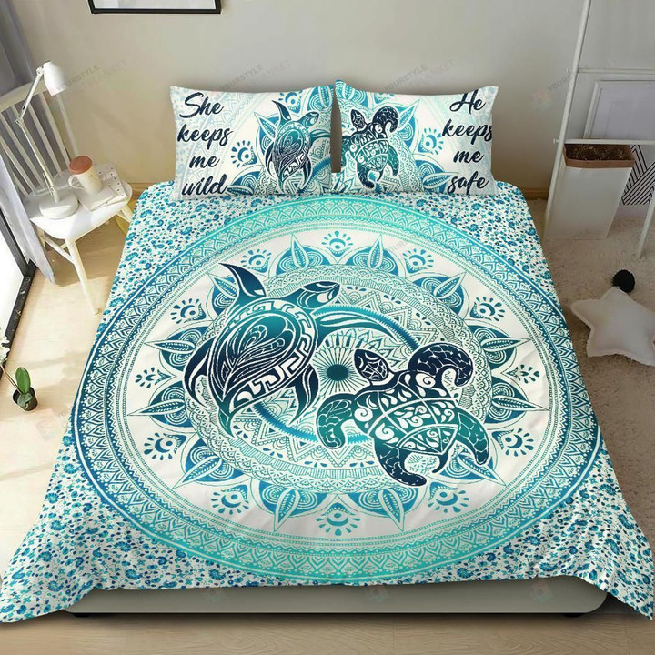3D Sea Turtle Blue Mandala She Keeps Me Wild He Keeps Me Safe Cotton Bed Sheets Spread Comforter Duvet Cover Bedding Sets