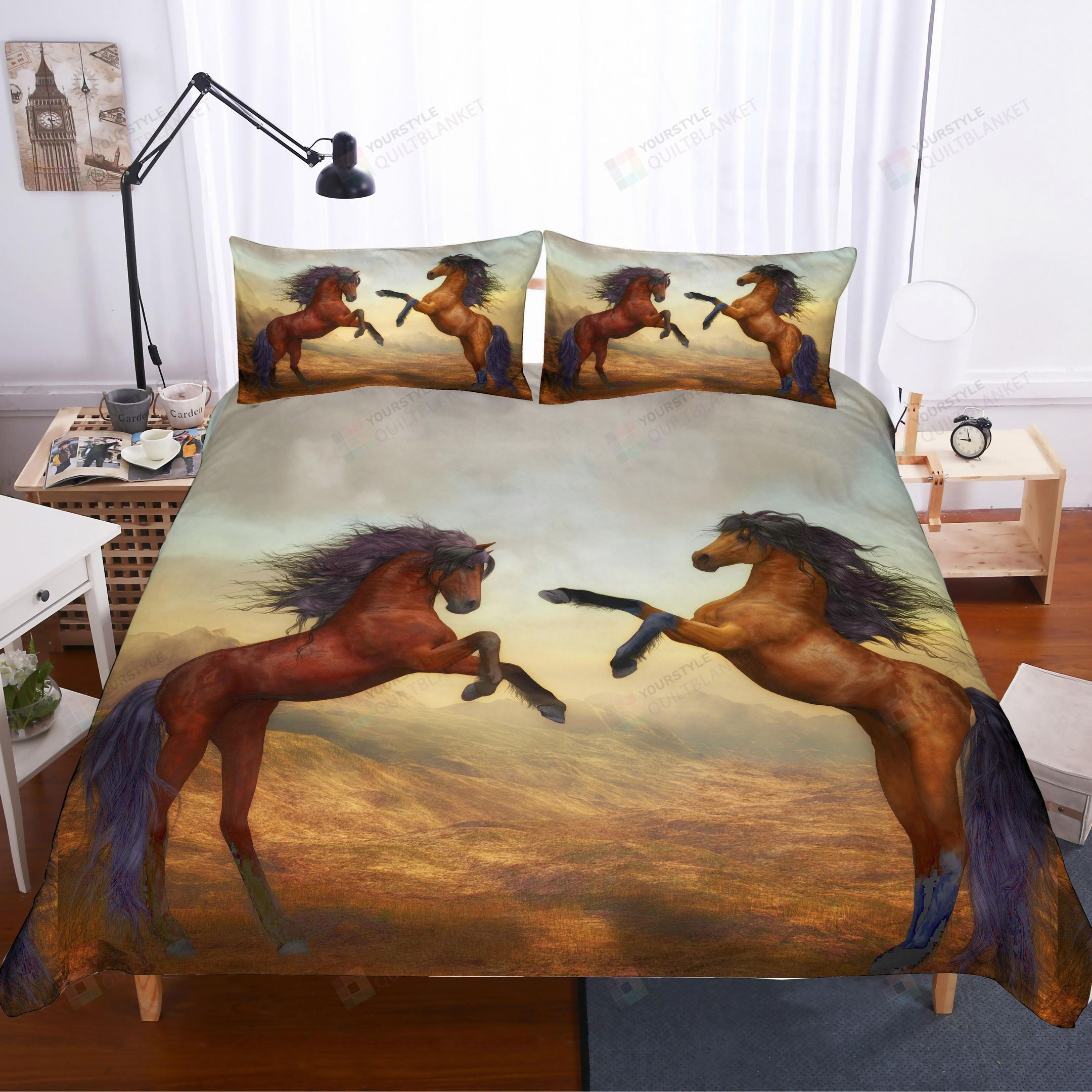 3D Galloping Horses Dawn Sky Bed Sheets Duvet Cover Bedding Set