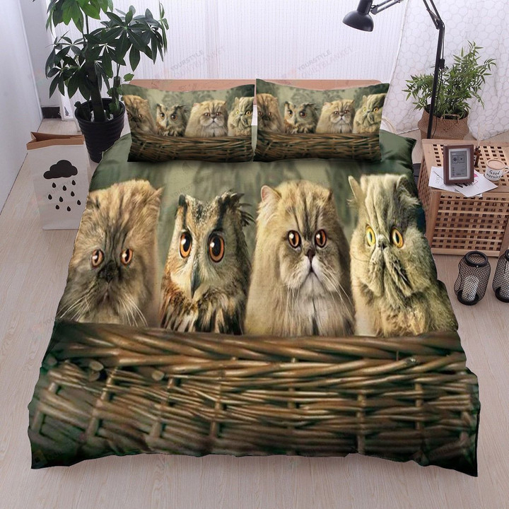 3D Owl And Cat On The Basket Cotton Bed Sheets Spread Comforter Duvet Cover Bedding Sets
