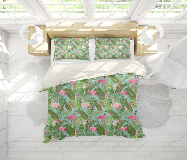 3d Green Tropical Leaves Flamingo Bed Sheets Duvet Cover Bedding Set Great Gifts For Birthday Christmas Thanksgiving