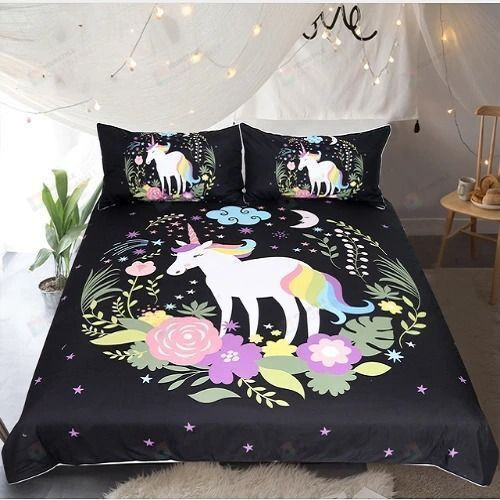3D Unicorn Cartoon On The Flowers Circle Cotton Bed Sheets Spread Comforter Duvet Cover Bedding Sets