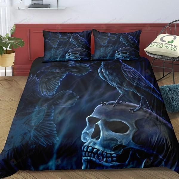 3D Crow And Skull Black Cotton Bed Sheets Spread Comforter Duvet Cover Bedding Sets