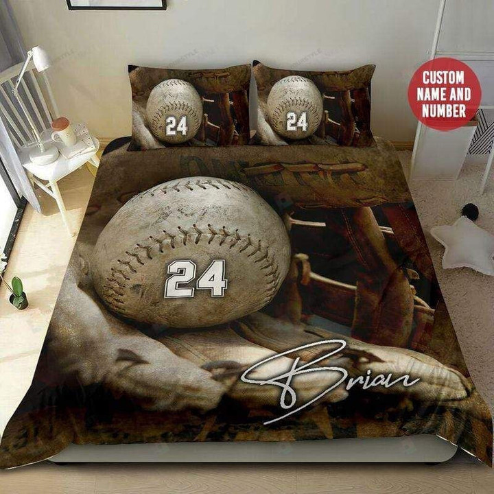 Baseball Ball And Glove Background Duvet Cover Bedding Set Personalized Custom Name And Number