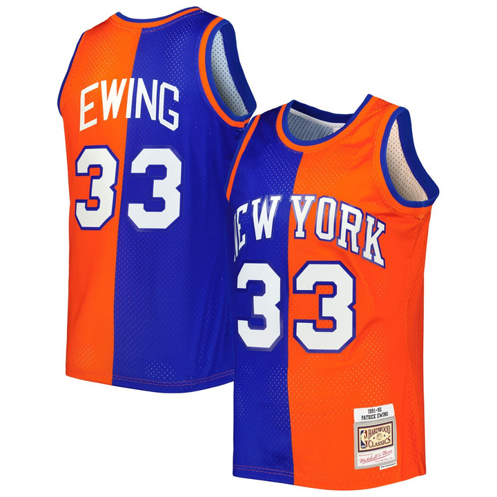 Patrick Ewing New York Knicks Mitchell & Ness Hardwood Classics 1991-92 Split Swingman Jersey - Blue/Orange