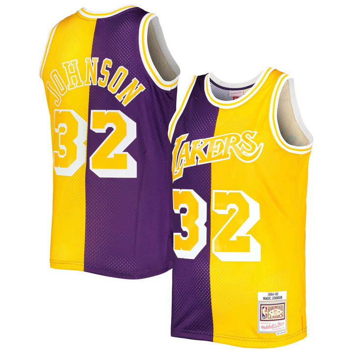 Magic Johnson Los Angeles Lakers Mitchell & Ness Hardwood Classics 1984-85 Split Swingman Jersey - Purple/Gold