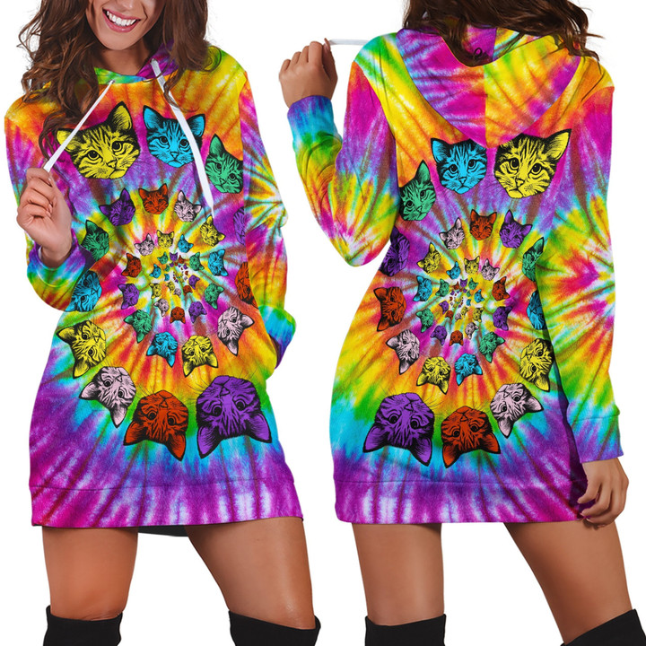 Homemerci Tie Dye Hippie Cat Hoodie Dress For Women JJW