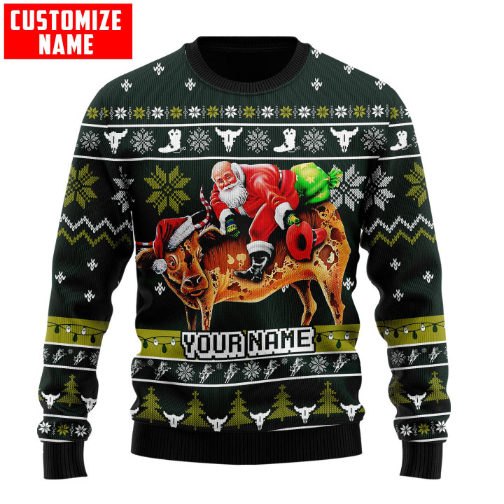 Homemerci Personalized Name Bull Riding Green Knitted Sweater Ver