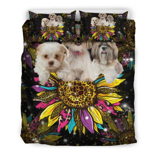 Shih Tzu Dogs And Pattern Sunflower Bedding Set Cotton Bed Sheets Spread Comforter Duvet Cover Bedding Sets