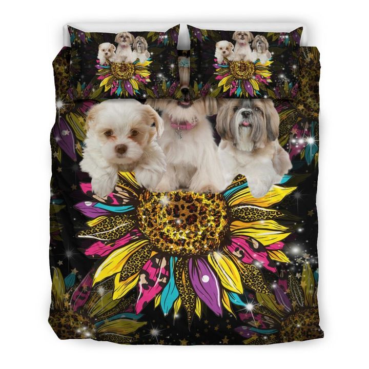 Shih Tzu Dogs And Pattern Sunflower Bedding Set Cotton Bed Sheets Spread Comforter Duvet Cover Bedding Sets